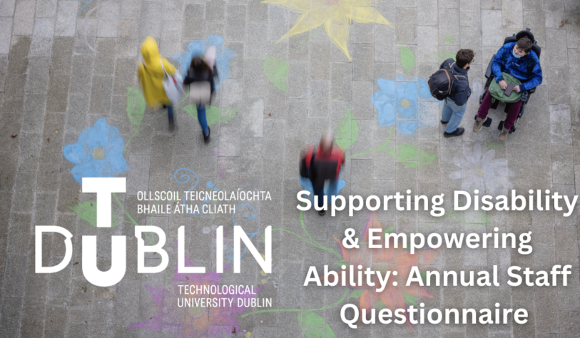 aerial image of students walking through the grangegorman campus. One of the students is a wheelchair user. The tu dublin logo appears in the bottom left hand corner, along with text reading 