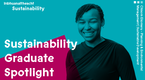 Graphic image of Chisom Ekomaru as part of the Sustainability Graduate Spotlight series