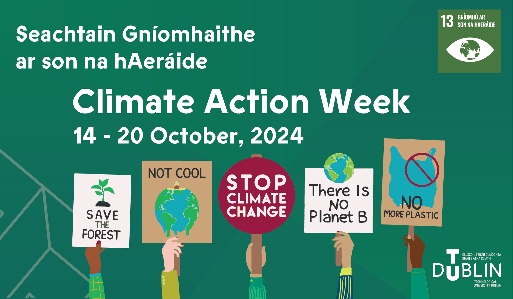 green graphic with hands holding picket signs for Climate Action Week 2024