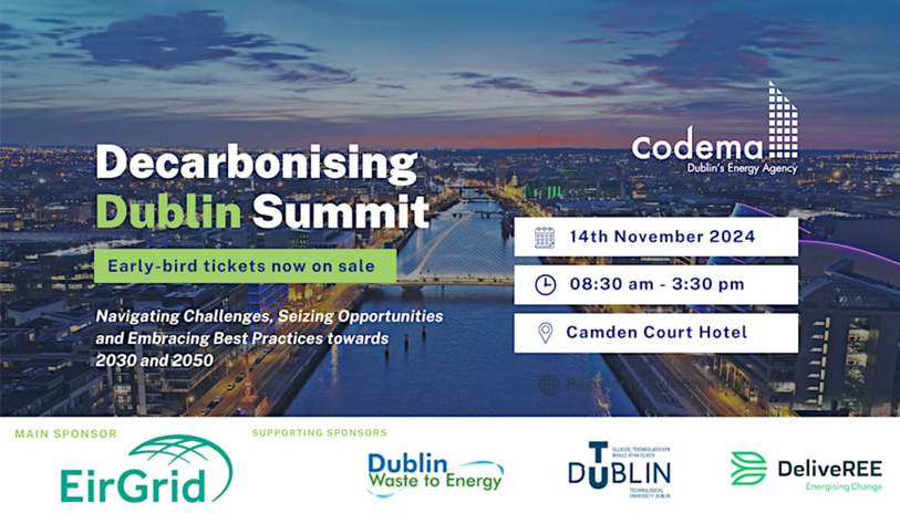 Decarbonising Dublin Summit conference graphic with a background of dublin city at dusk