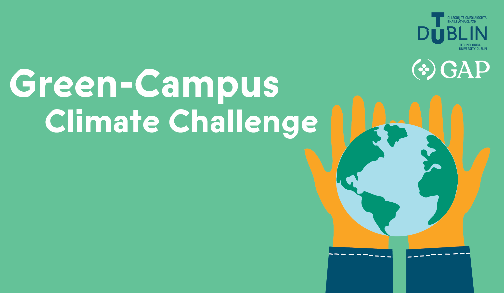 green graphic saying Green-campus Climate challenge with open hands behind a globe