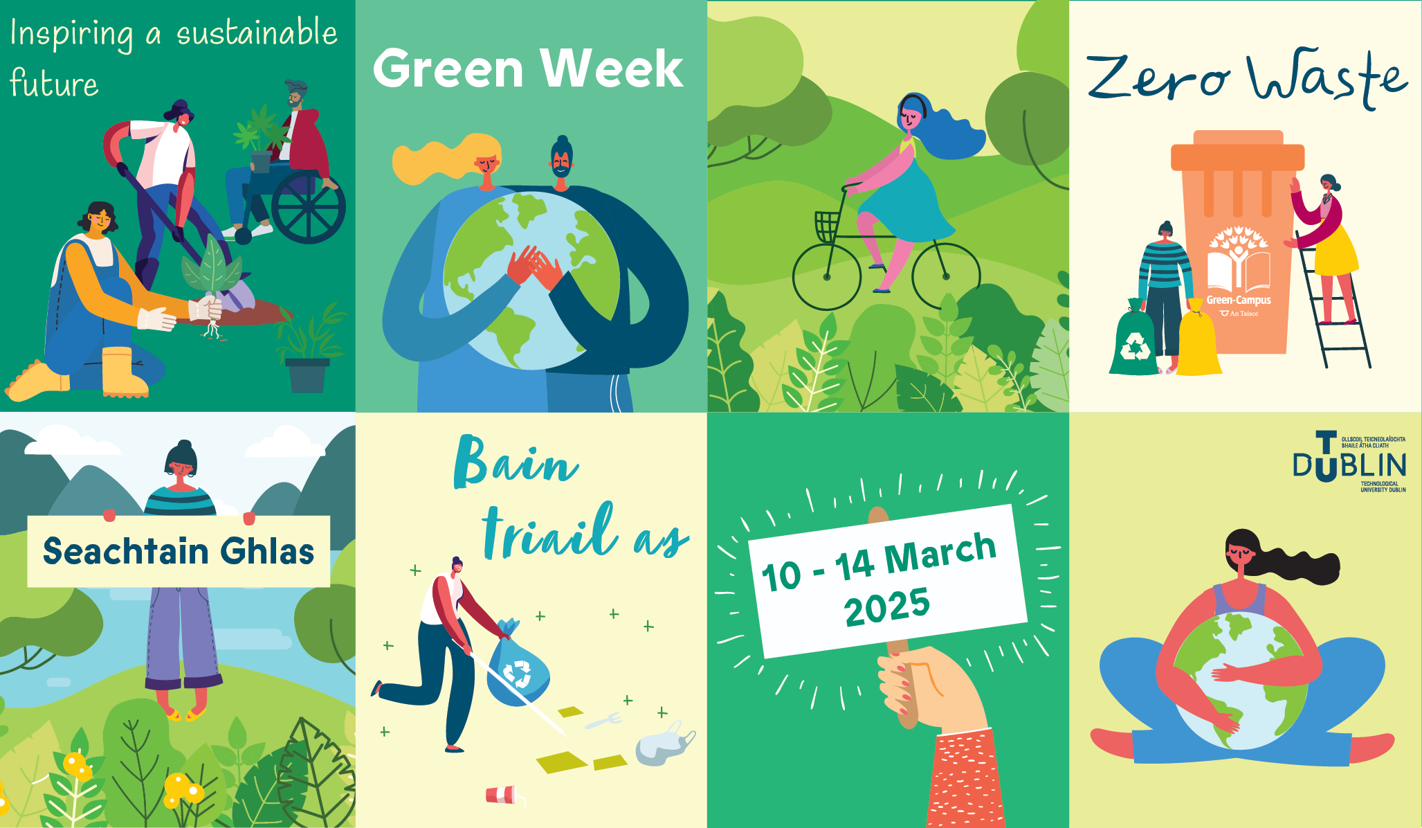 Wide Graphic divided into a grid of eight boxes with cartoons in shades of green and yellow promoting Green Week 2025