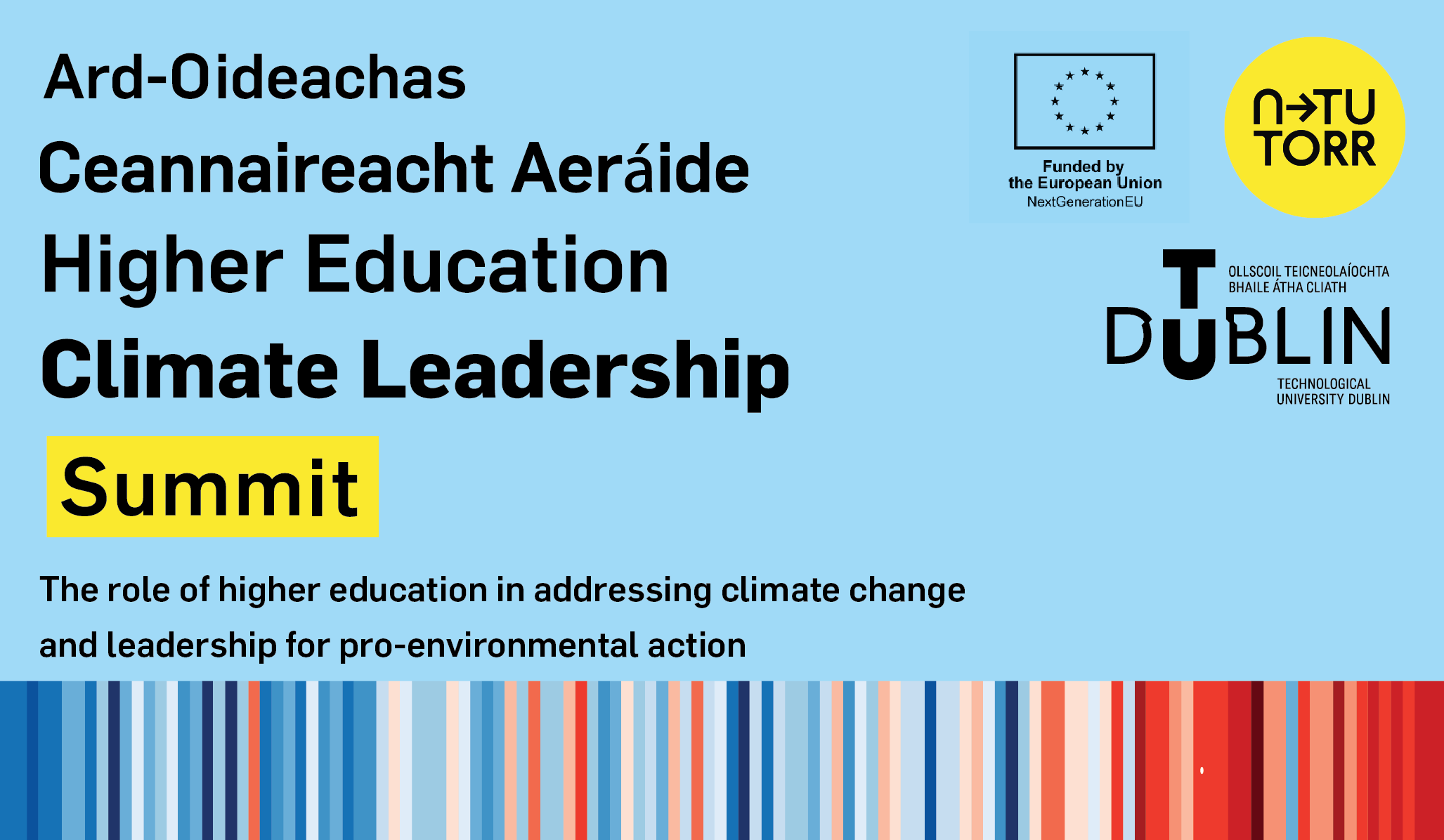 Higher Education Climate Leadership Summit graphic with climate stripes on blue background