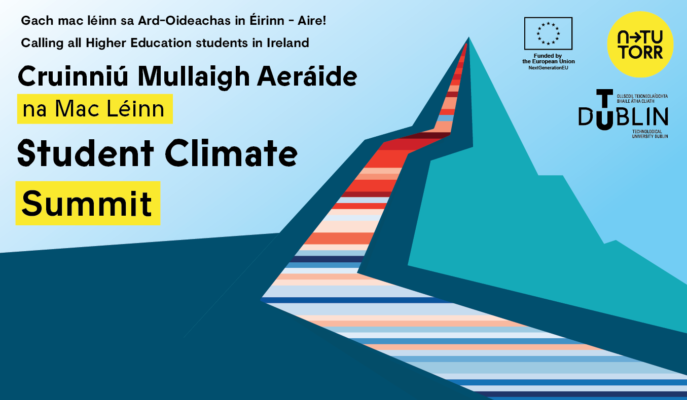 graphic saying Student Climate Summit with mountain scene in navy and teal with a path to the summit in blue and red stripes