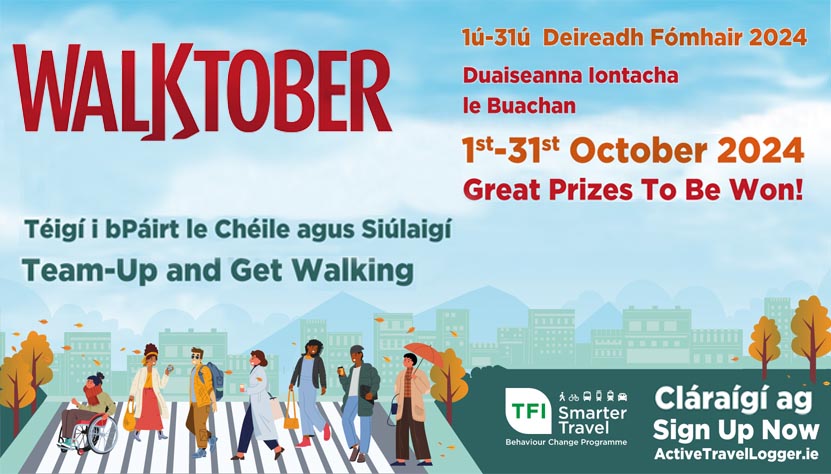 Walktober 2024 graphic of people walking across a road crossing