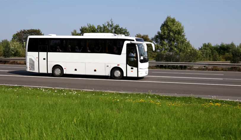 white bus on motorway with grass in foreground