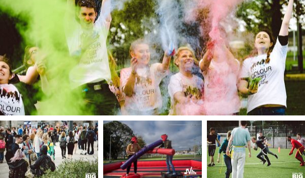 Students throwing paint in the air at Big Day Out, students playing rugby and having fun