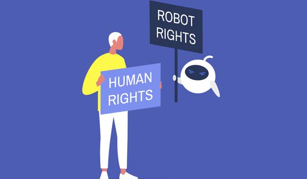 Animation with a person holding a sign saying human rights and a robot holding a sign saying robot rights