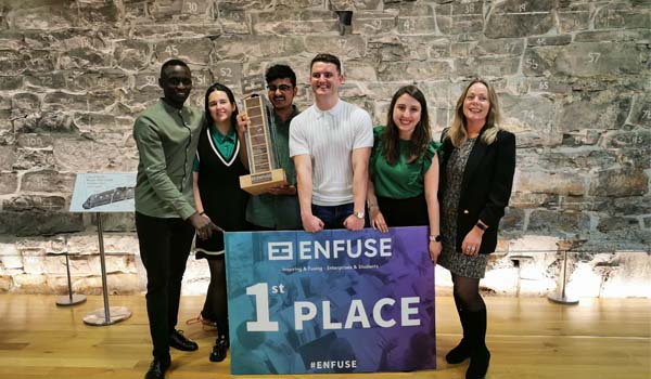 ENFUSE Finals 2022 1st Place Team - Pictured Teja Tomsic, Ross McClelland, Melisa Villagomez, Anurag Dasandhi, Leidy Ortiz, Oreoluwa Ogunnusi and Dr Róisín Vize