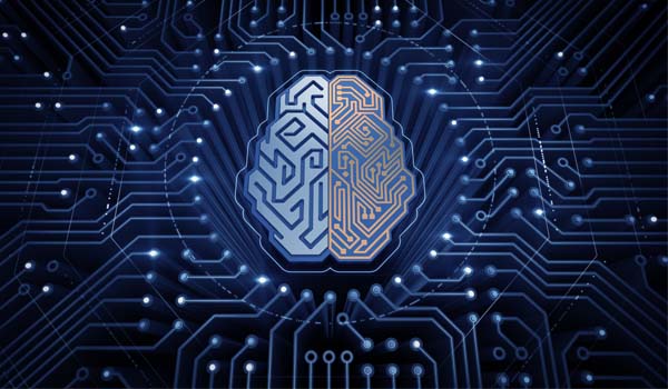 Cybernetic Brain. An electronic chip in form of a human brain in center of the circuit board of digital cyberspace. 3D-rendering graphic illustration on the theme of Artificial Intelligence.