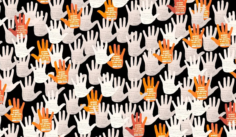 A series of artwork of print hands with messages about ending gender based violence