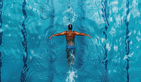 A person swimming in a blue pool