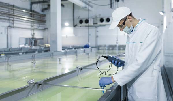 Person in a white robe and a cap make an inspection of dairy products