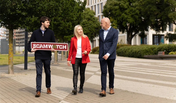 Andrew Clinton, Threshold Advisor, Laura Harmon, ICOS Executive Director, and John-Mark McCafferty, Threshold CEO, pictured at the TU Dublin Grangegorman campus for the launch of the 'Scamwatch 2024' campaign. Photographer: Jason Clarke