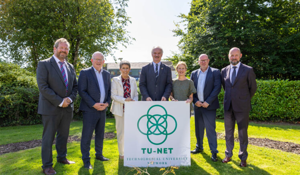 Pictured left to right are Dr Liam Brown VP for TUS Research, Development & Innovation, Professor Vincent Cunnane TUS President, Professor Orla Flynn ATU President, Professor Philip Nolan Director General SFI, Professor Veronica Campbell SETU President, Professor Hugh McGlynn MTU Project Director, Professor David FitzPatrick, TU Dublin President.