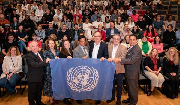 TU Dublin and UNITAR celebrating a strategic partnership on Sustainable Development learning, teaching, and research. Pictured L-R: Mr Thomas Stone (TU Dublin), Ms Jennifer Boyer (TU Dublin), Dr Etain Kidney (TU Dublin), Mr Nikhil Seth (UNITAR), Dr Eoin Langan (TU Dublin), Dr Brendan Jennings (TU Dublin) and DR Jon-Hans Coetzer (UNITAR)